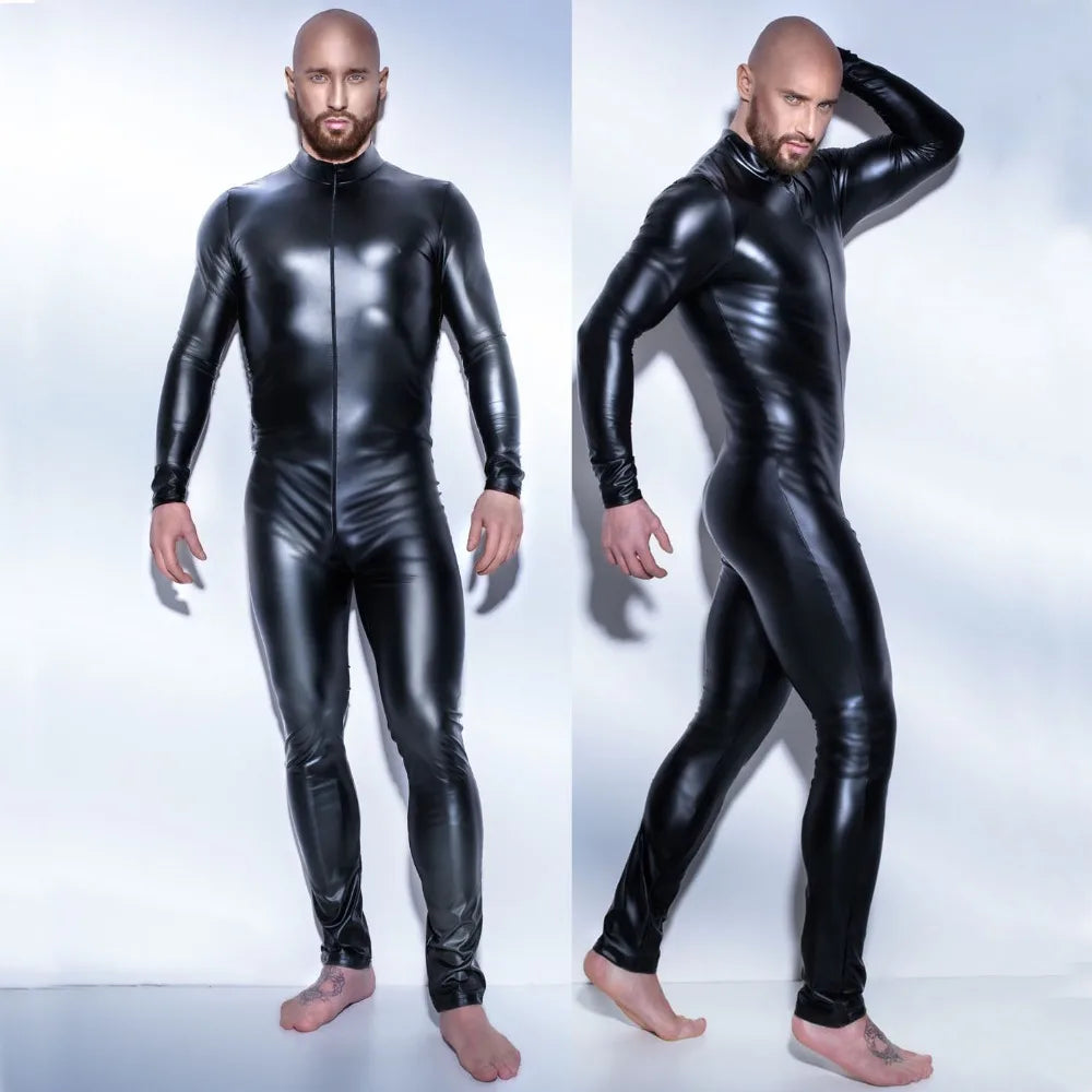 Men's Wetlook Faux Leather One-Piece Clubwear Bodysuit