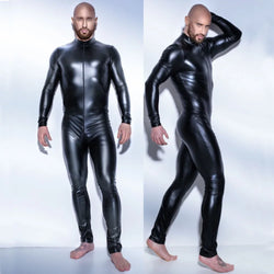 Men's Wetlook Faux Leather One-Piece Clubwear Bodysuit