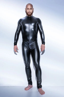 Men's Wetlook Faux Leather One-Piece Clubwear Bodysuit