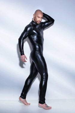 Men's Wetlook Faux Leather One-Piece Clubwear Bodysuit