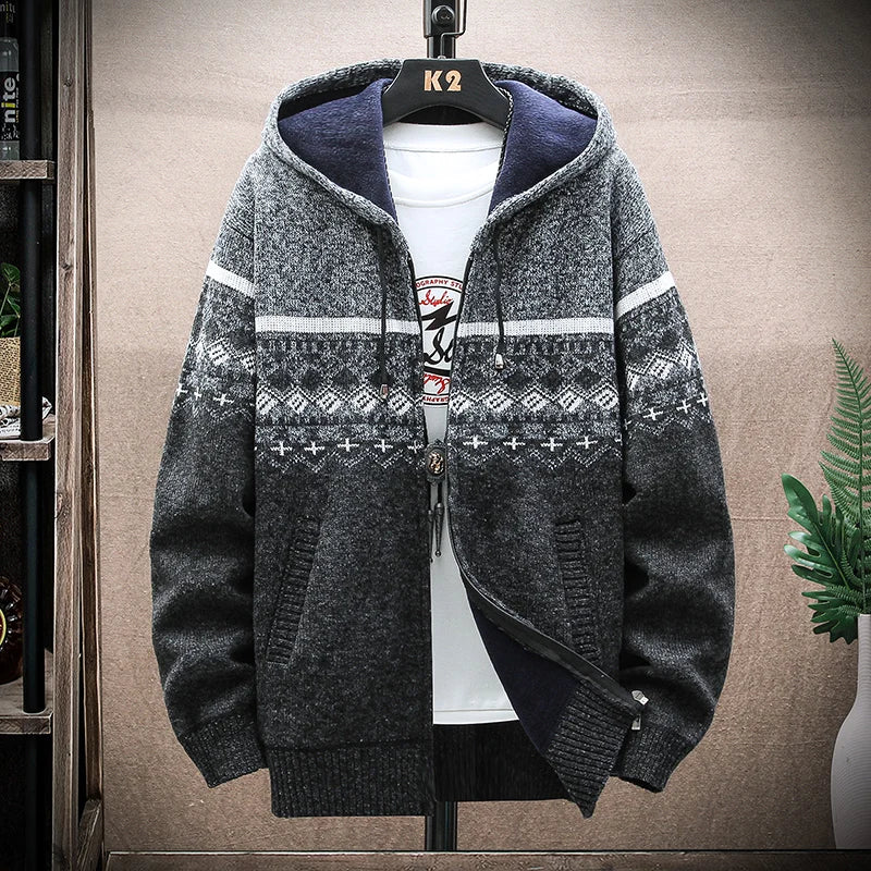 Men's Plaid Hooded Cardigan Jacket - Warm Checkered Knit Winter Coat