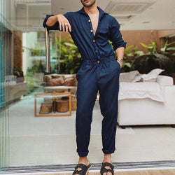 Men's Solid Color Button-Down Workwear Jumpsuit
