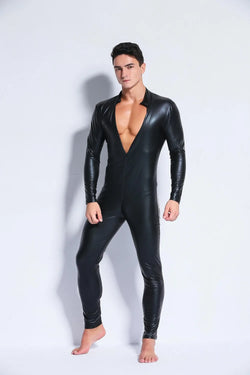Men's Wetlook Faux Leather One-Piece Clubwear Bodysuit