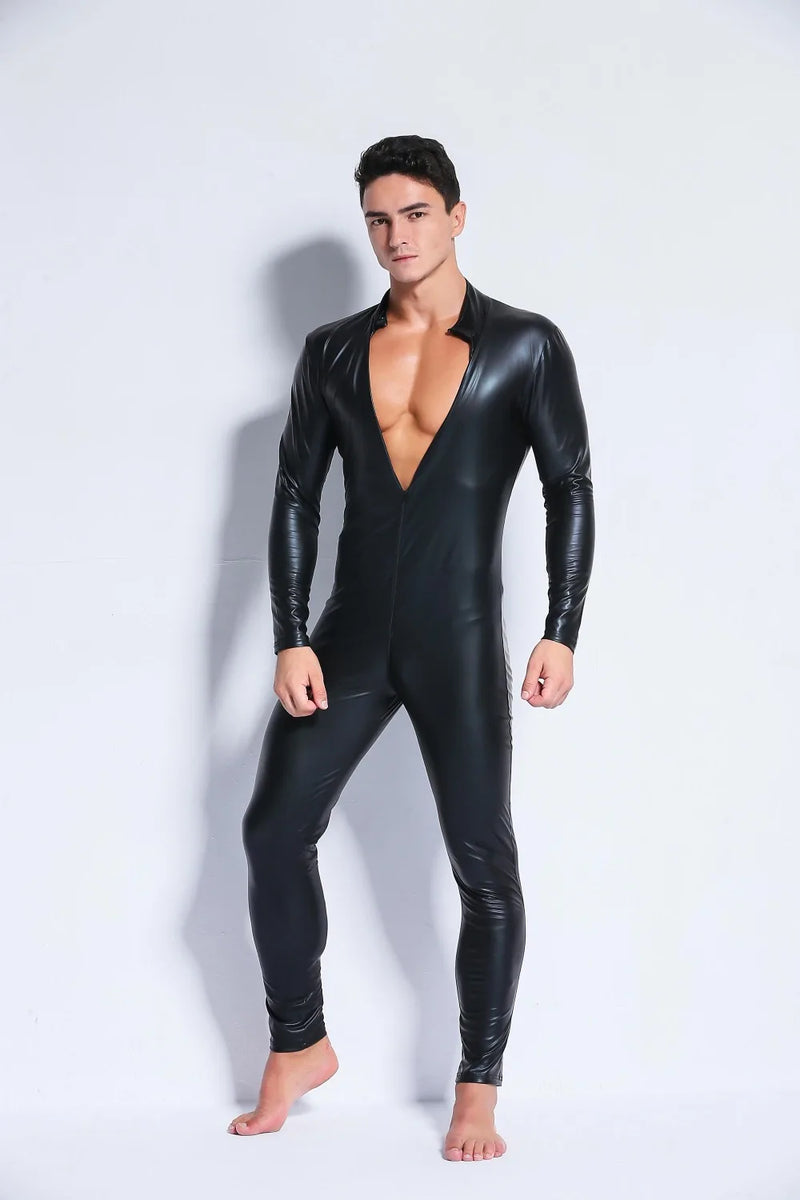 Men's Wetlook Faux Leather One-Piece Clubwear Bodysuit