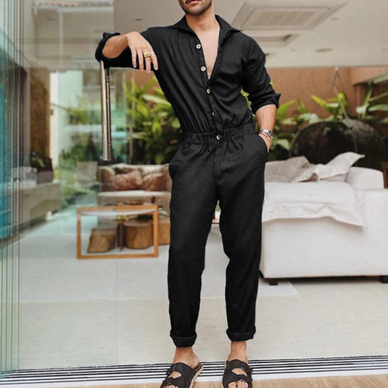 Men's Solid Color Button-Down Workwear Jumpsuit