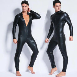 Men's Wetlook Faux Leather One-Piece Clubwear Bodysuit