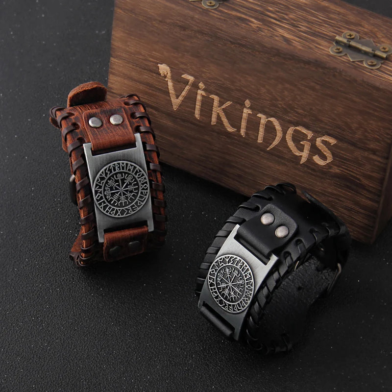 Men's Wide Leather Braided Viking Cuff Bracelet