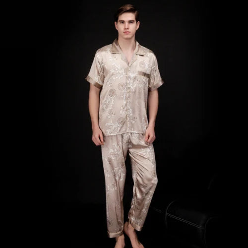 Printed Satin Pajama Set - Short Sleeve Men's Loungewear