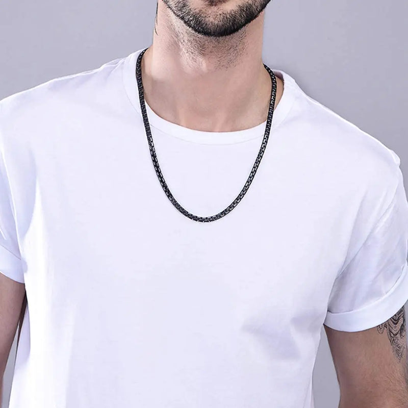 Black Stainless Steel Flat Box Chain Necklace - 4MM/6MM Unisex Jewelry