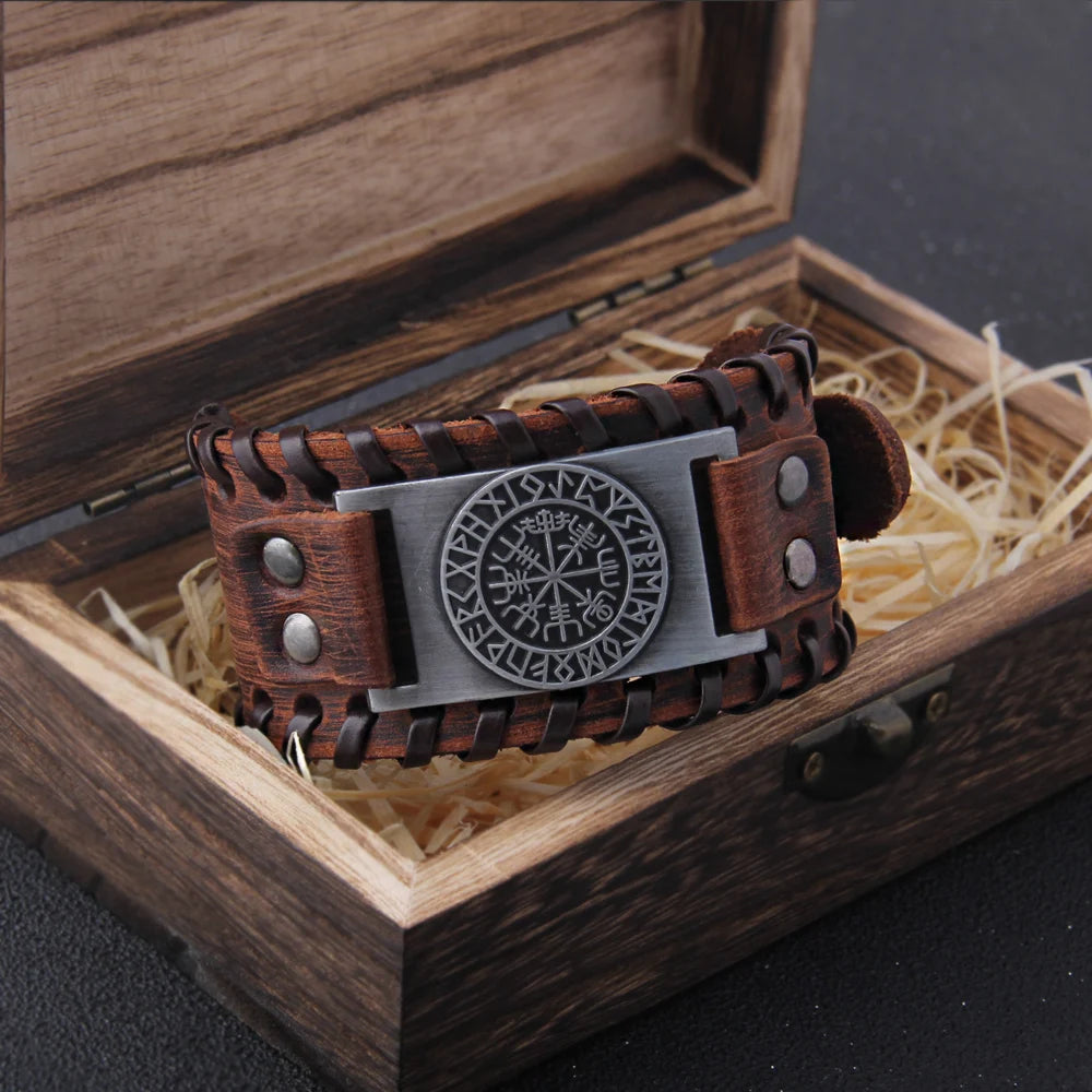 Men's Wide Leather Braided Viking Cuff Bracelet
