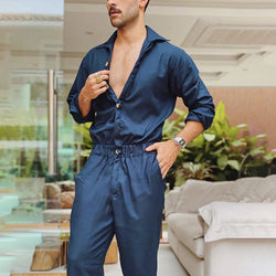 Men's Solid Color Button-Down Workwear Jumpsuit