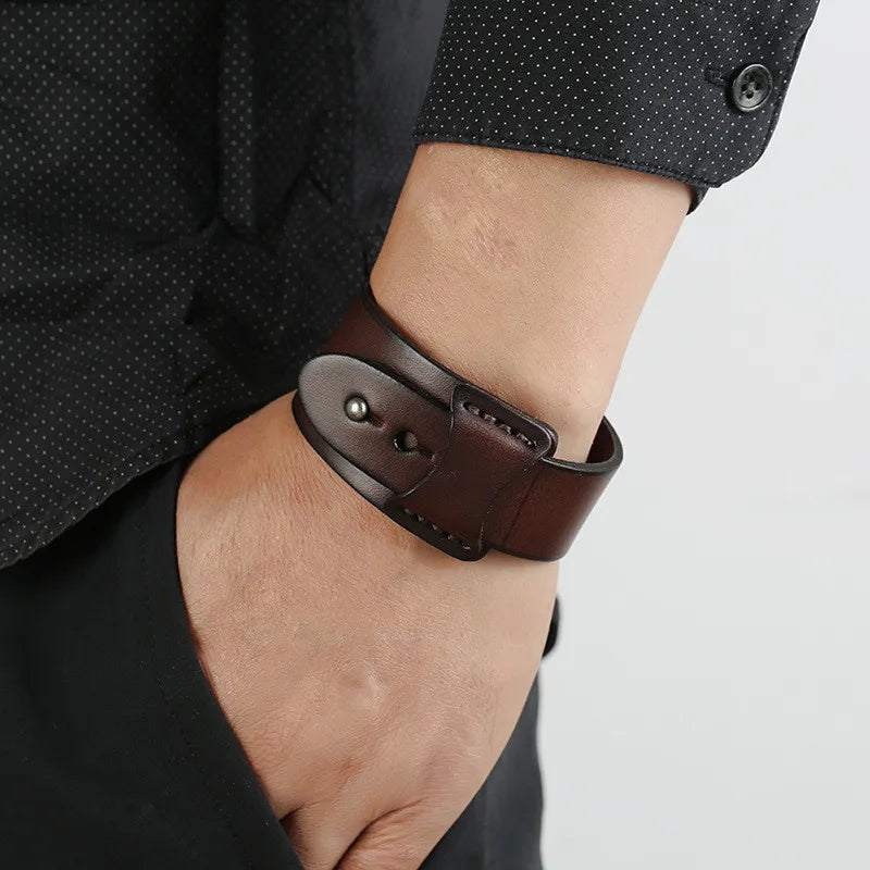 Vintage Brown Genuine Leather Cuff Bracelet - Wide Punk Wrap Wristband