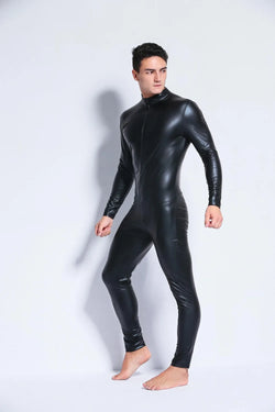 Men's Wetlook Faux Leather One-Piece Clubwear Bodysuit
