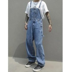 Men's Loose Denim Overalls with Multiple Pockets