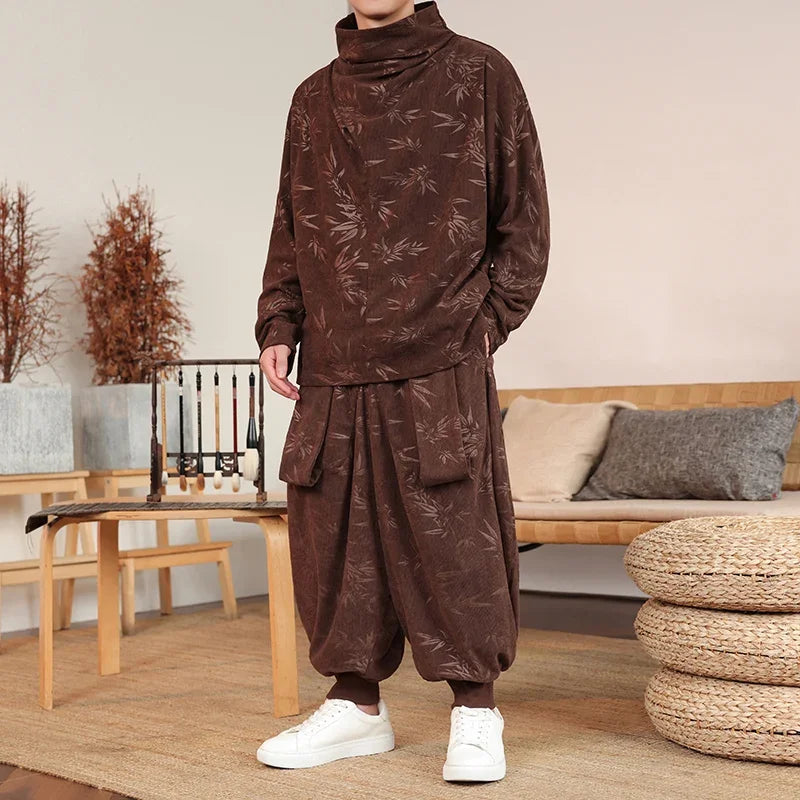 Men's Thickened Velvet Shirt And Harem Pants Set