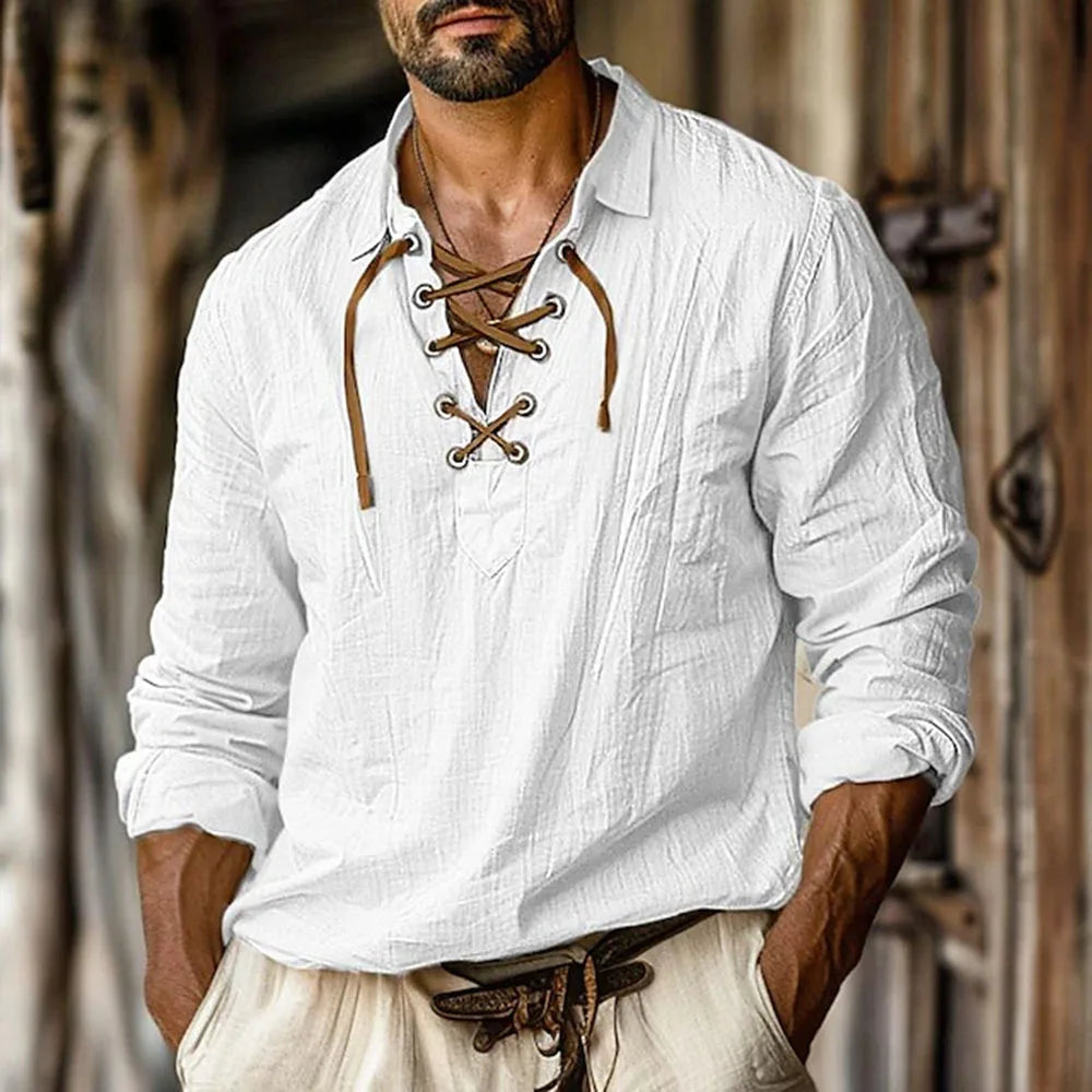 Linen Style Viking Beach Shirt - Loose Lapel Long Sleeve Top