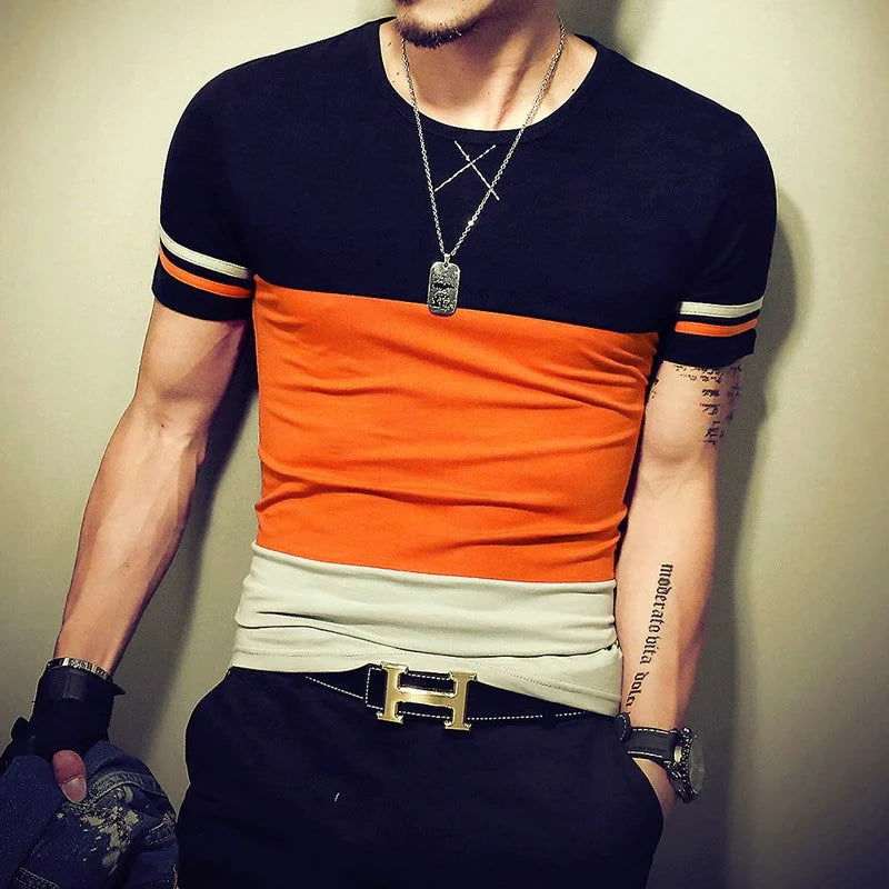 Men's Patchwork Short Sleeve Slim Fit Hip Hop T-Shirt