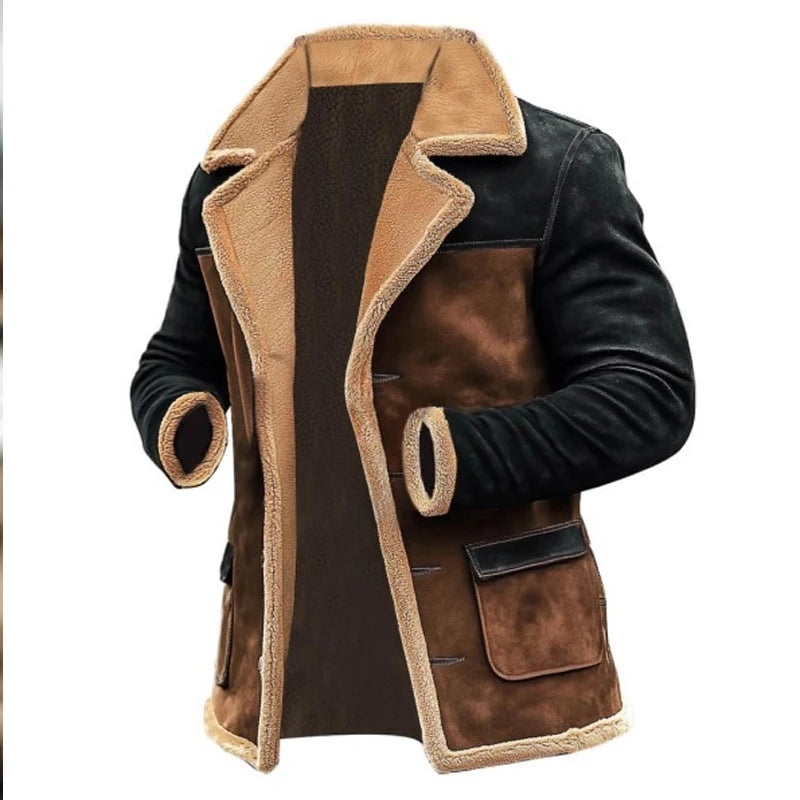 Men's Patchwork Lambwool Suede Jacket - Retro Thick Winter Outwear