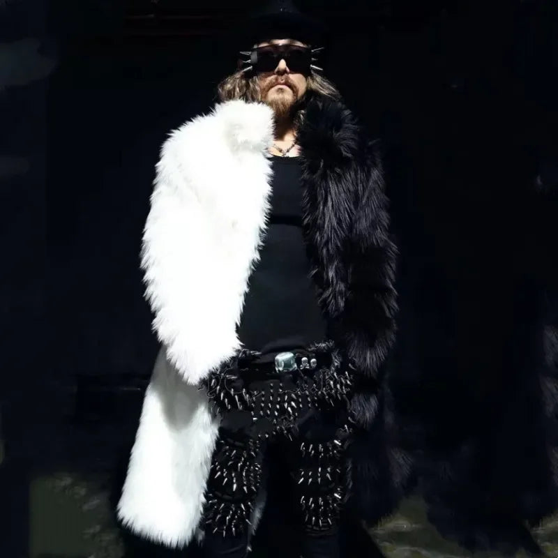 Black & White Faux Fur Trench Coat for Men - Long Winter Statement Jacket