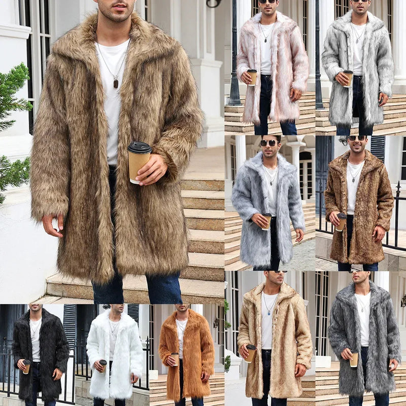 Men's Faux Fox Fur Jacket - Thick Fluffy Winter Long Sleeve Coat