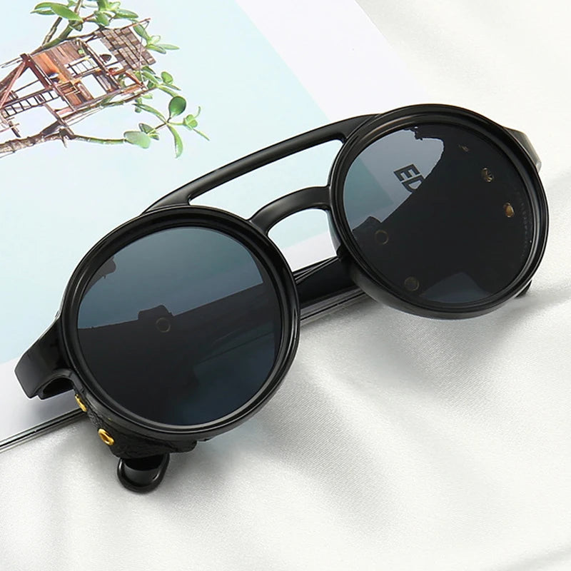 Steampunk Shield Round Sunglasses - UV400 Side Cover Eyewear