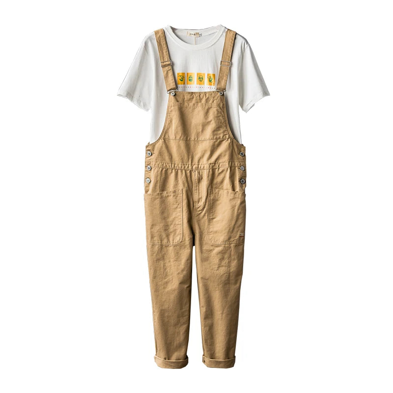 Men's Loose Khaki Bib Overalls with Cargo Pockets