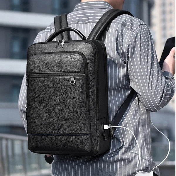 Men's PU Leather Executive Laptop Backpack with USB Port