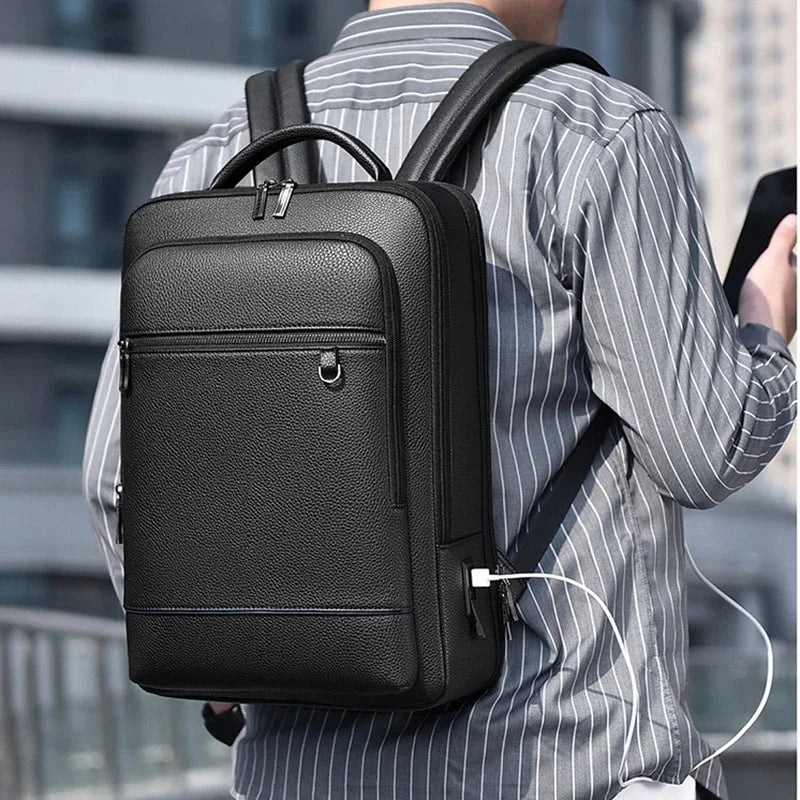 Men's PU Leather Executive Laptop Backpack with USB Port