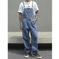 Men's Loose Denim Overalls with Multiple Pockets