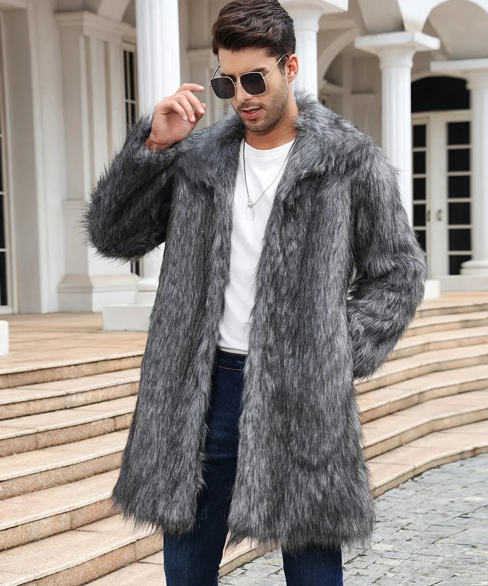 Men's Faux Fox Fur Jacket - Thick Fluffy Winter Long Sleeve Coat