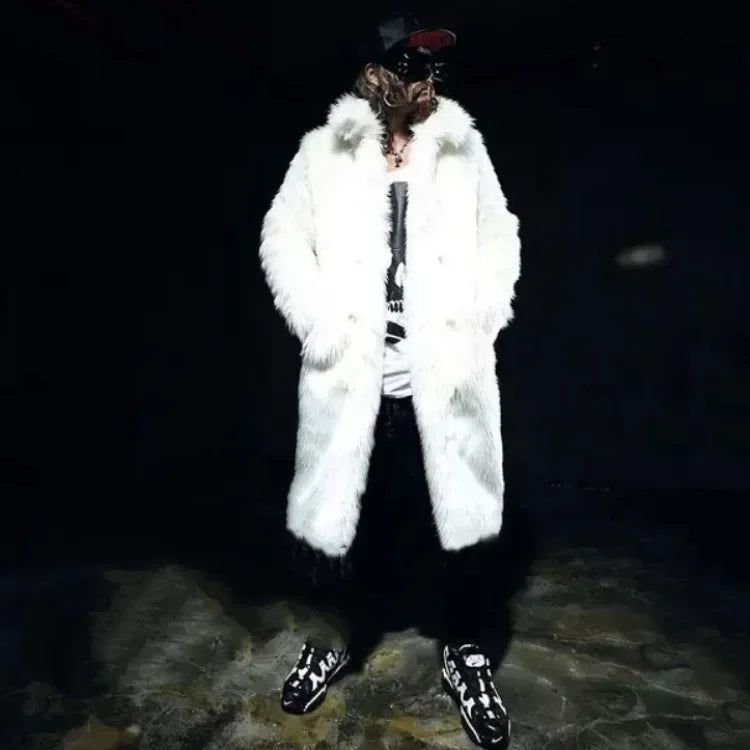 Black & White Faux Fur Trench Coat for Men - Long Winter Statement Jacket