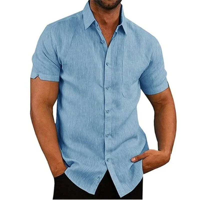 Polo Collar Short Sleeve Shirt - Solid Button Casual Top