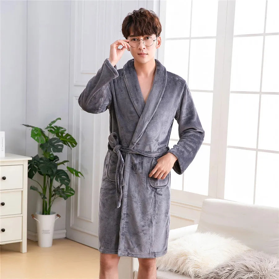Men's Flannel Kimono Bathrobe - Warm Long Loose Home Robe
