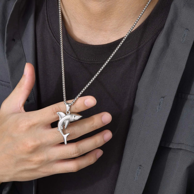 VNOX Shark Pendant Stainless Steel Box Chain Necklace