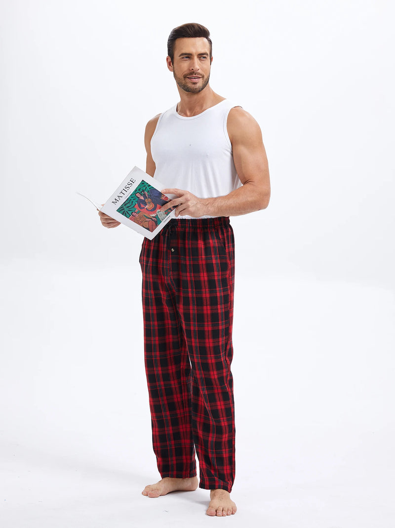Cotton Plaid Pajama Pants - Breathable Elastic Waist Sleep Bottoms