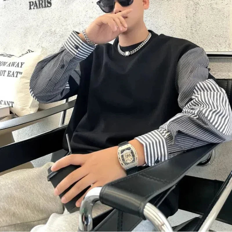 Patchwork O-Neck Pullover Sweatshirt - Loose Striped Casual Long Sleeve