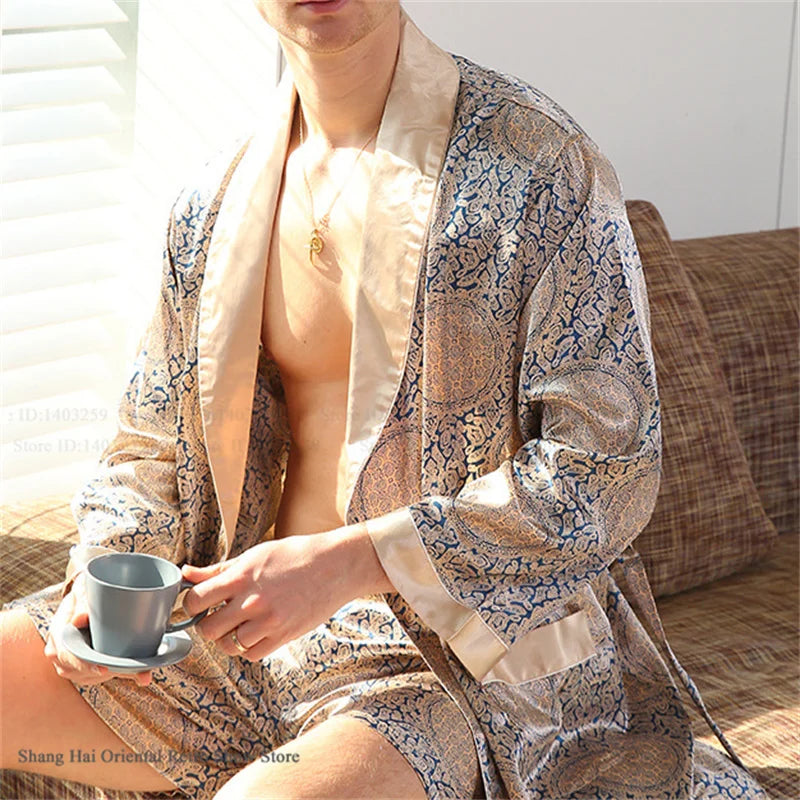 Ice Silk Kimono Pajama Set - Tiger Print Lounge Robe Set