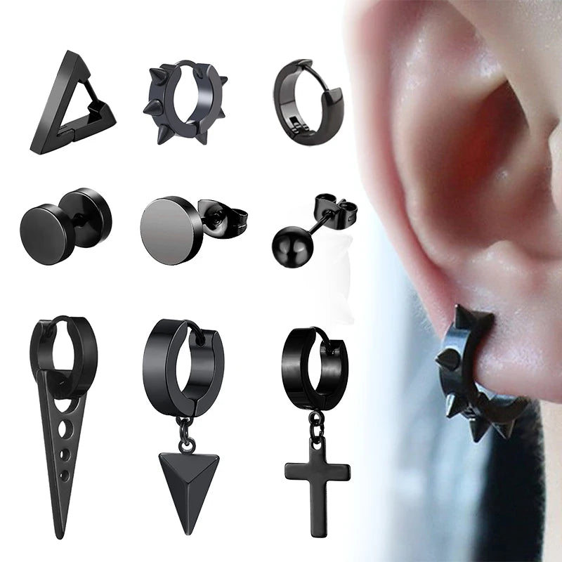 Black Stainless Steel Punk Stud Earrings - Hip Hop Gothic Jewelry Pair