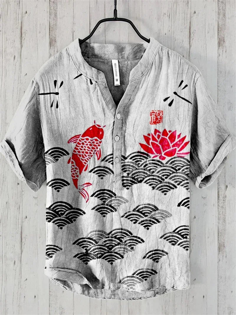 Fish Pattern Hawaiian Linen Shirt - Spring Summer Beach Top