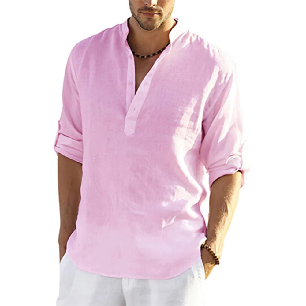 Cotton Linen Stand Collar Shirt - Loose Long Sleeve Casual Top
