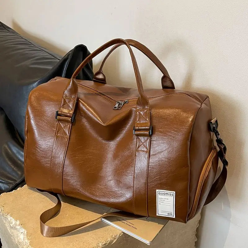 Leather Look Travel Duffle Bag - Gym Weekender with Shoe Compartment