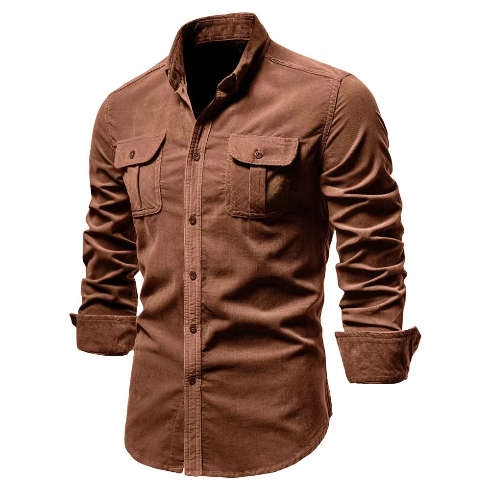 Cotton Corduroy Button Shirt - Solid Autumn Slim Casual Shirt