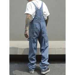 Men's Loose Denim Overalls with Multiple Pockets