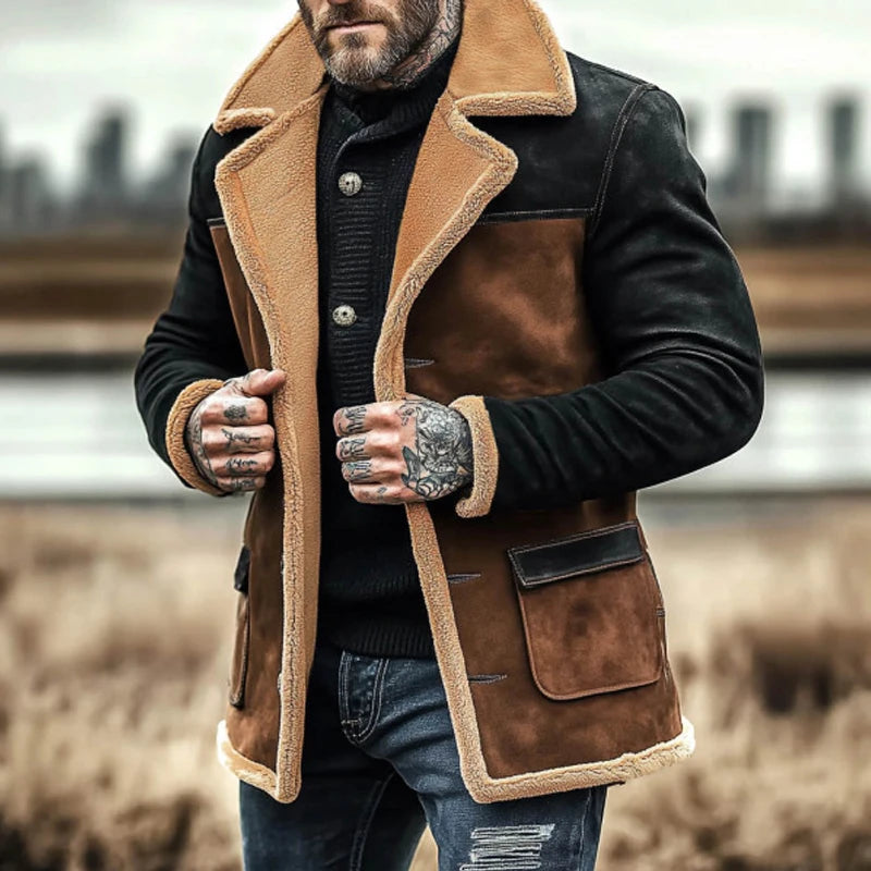 Men's Patchwork Lambwool Suede Jacket - Retro Thick Winter Outwear