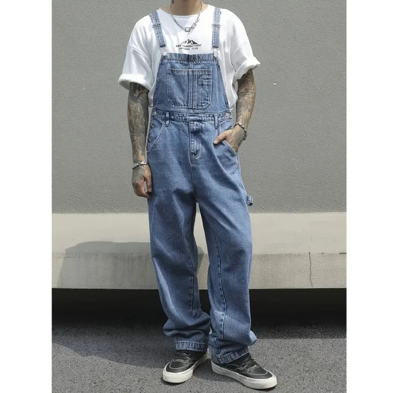 Men's Loose Denim Overalls with Multiple Pockets