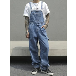 Men's Loose Denim Overalls with Multiple Pockets