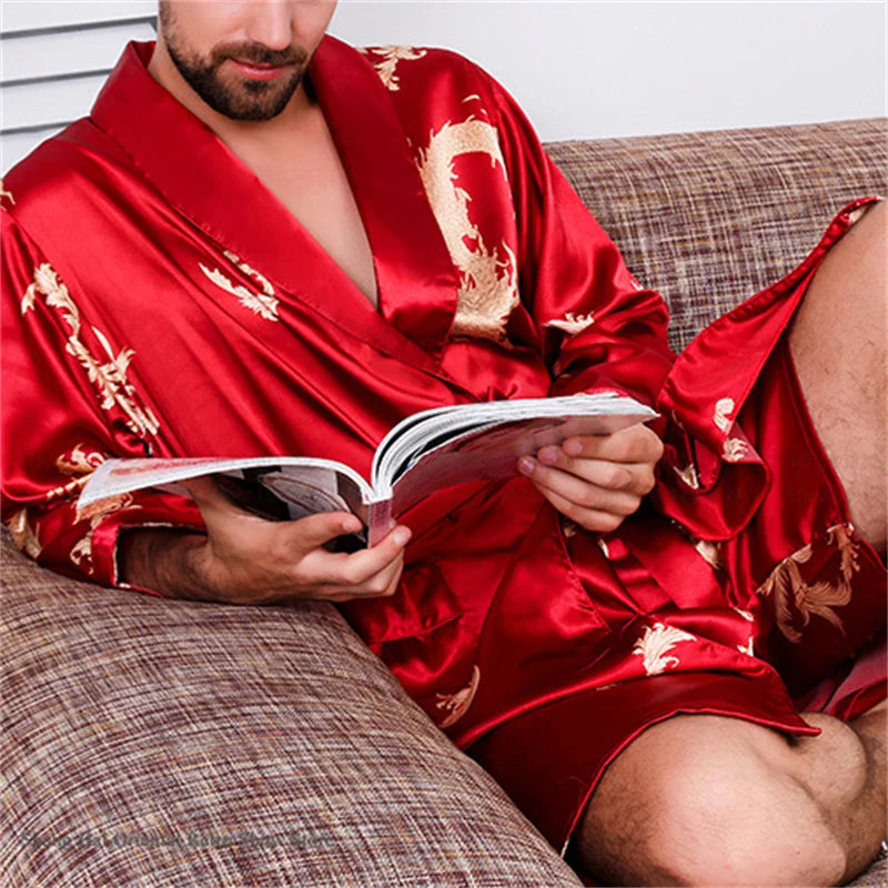 Ice Silk Kimono Pajama Set - Tiger Print Lounge Robe Set