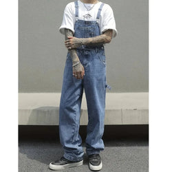 Men's Loose Denim Overalls with Multiple Pockets