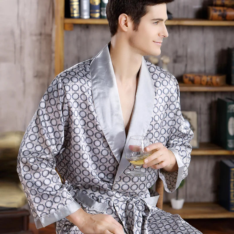 Men's Satin Kimono Bathrobe - Geometric Long Sleeve Lounge Robe