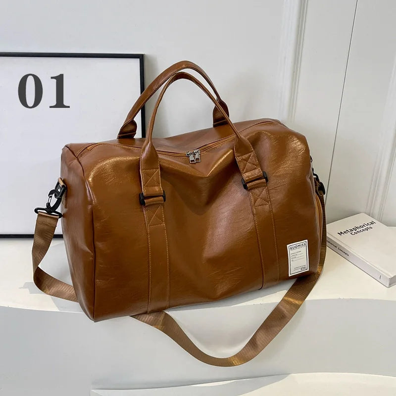 Leather Look Travel Duffle Bag - Gym Weekender with Shoe Compartment